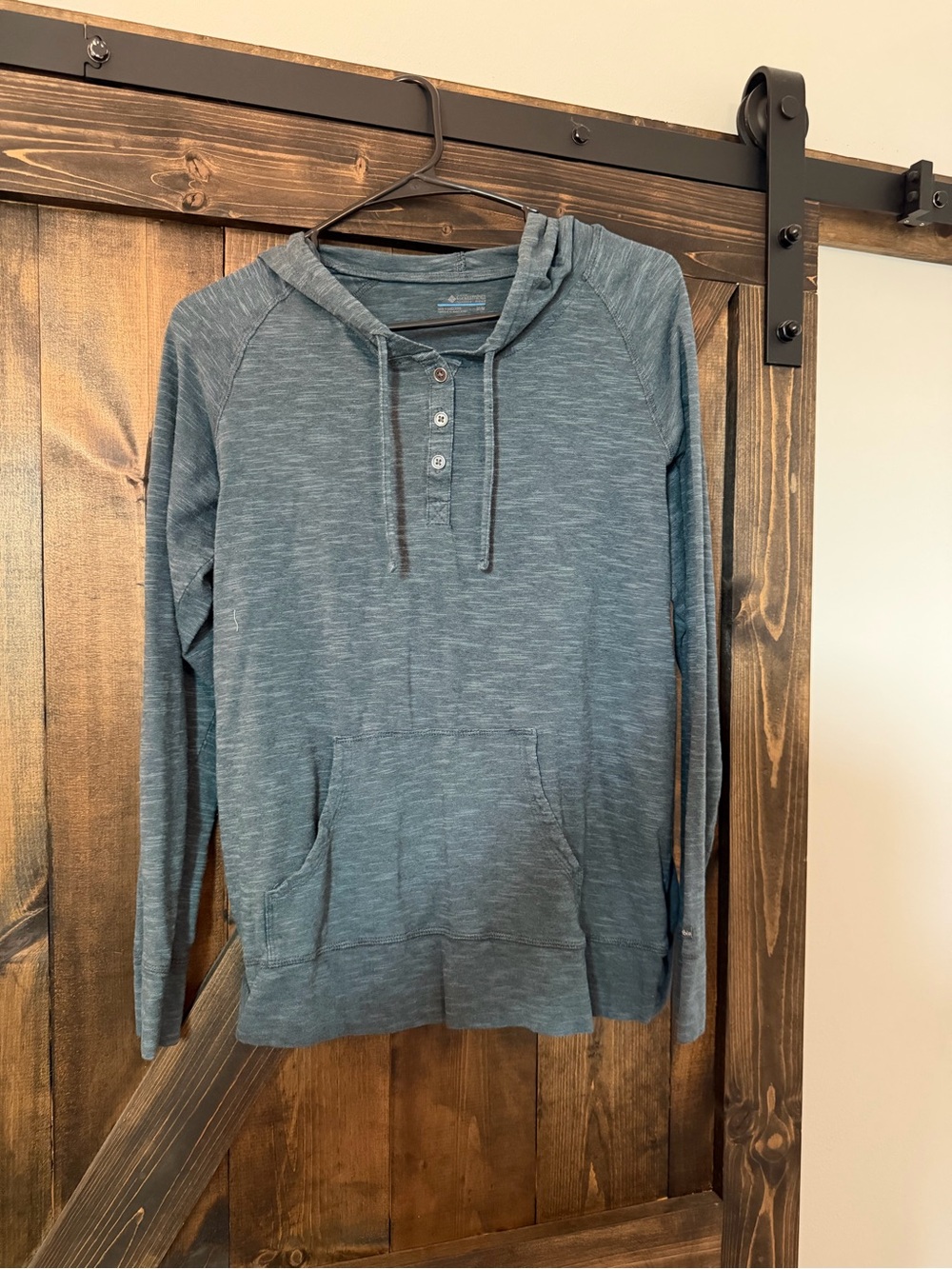 Columbia Heathered Teal Blue Hooded Henley Sweatshirt